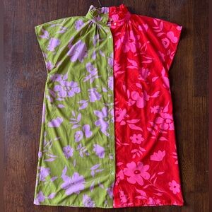 THML Colorblock Floral Shift Dress — Olive Green, Red & Pink